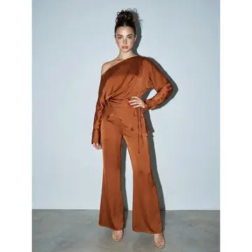 Off Shoulder Satin Wrap Top and Wide Leg Pant lounge set