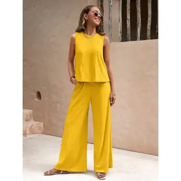 Ladies Solid Color Sleeveless Vest and Pants Sets