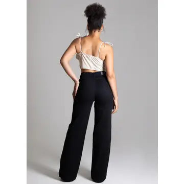High-Waisted Wide Leg Twill Women's Pants in Black