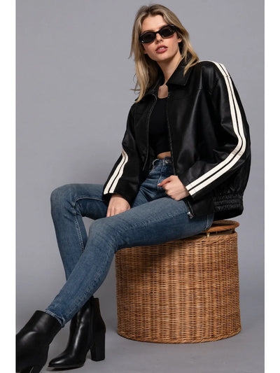 Long Sleeve Line Detail Faux Leather Jacket