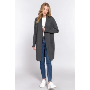 Long Sleeve Rib Banded Open Tunic Sweater Cardigan