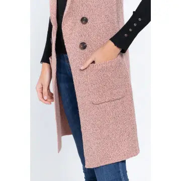 Sleeveless Notched Collar Long Sweater Vest