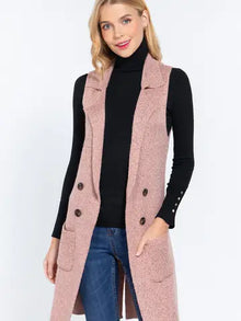 Sleeveless Notched Collar Long Sweater Vest