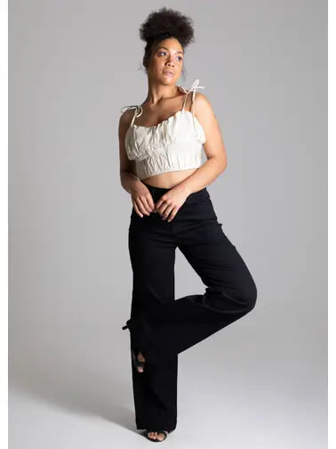 High-Waisted Wide Leg Twill Women's Pants in Black