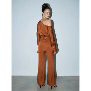 Off Shoulder Satin Wrap Top and Wide Leg Pant lounge set