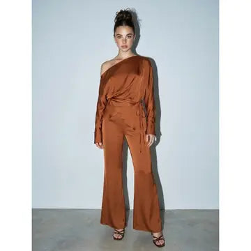 Off Shoulder Satin Wrap Top and Wide Leg Pant lounge set
