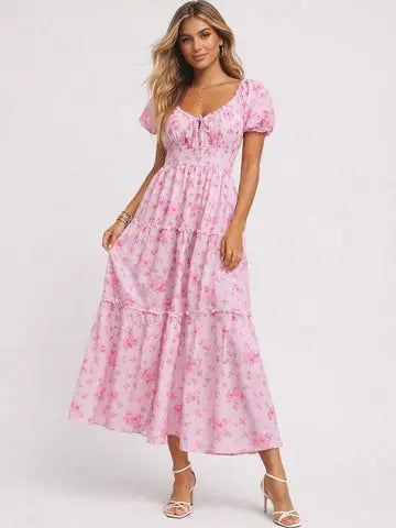 Ladies Boho Floral Print Tie Neck Puff Sleeves Maxi Dress