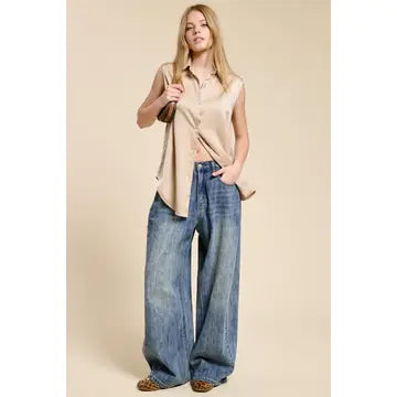 Satin Sleeveless Button Down Blouse