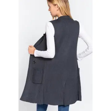 Sleeveless Notched Collar Long Sweater Vest