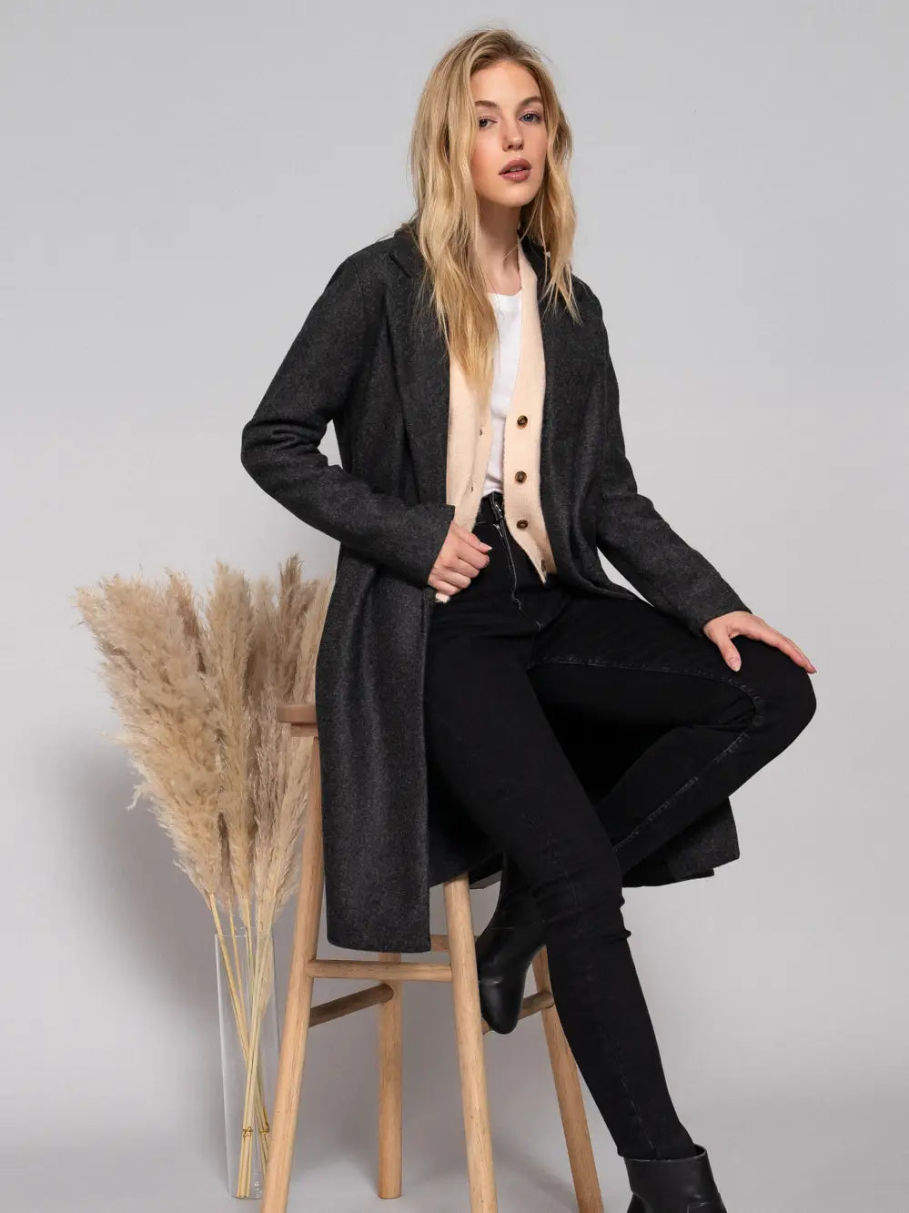 Long Sleeve Open Front Soft Felt Long Coat