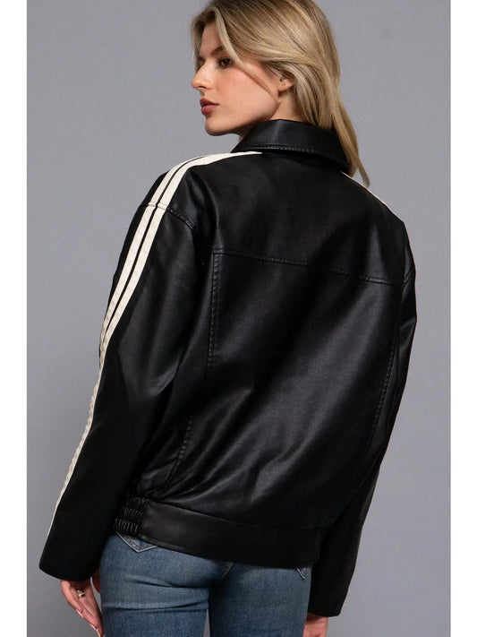 Long Sleeve Line Detail Faux Leather Jacket