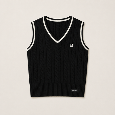 Madasty Signature Cable-Knit Vest

A timeless layering piece designed for polished, effortless style. This black cable-knit vest features crisp cream trim along the V-neck and armholes, a delicate embroidered M on the chest, and a subtle Madasty label at