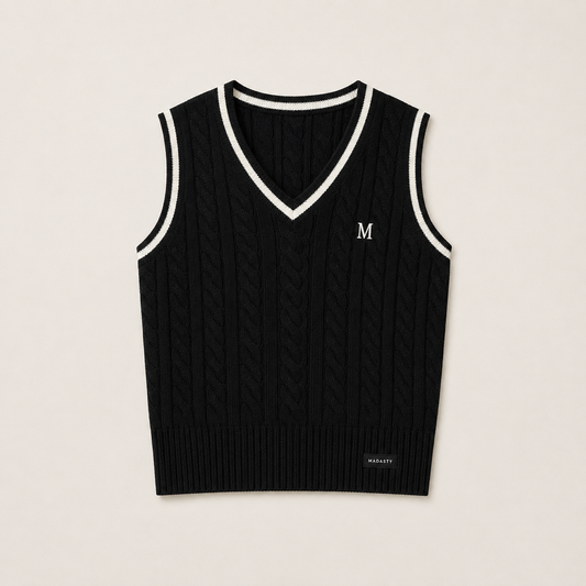 Madasty Signature Cable-Knit Vest

A timeless layering piece designed for polished, effortless style. This black cable-knit vest features crisp cream trim along the V-neck and armholes, a delicate embroidered M on the chest, and a subtle Madasty label at