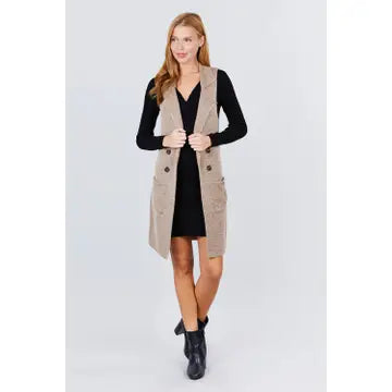 Sleeveless Notched Collar Long Sweater Vest