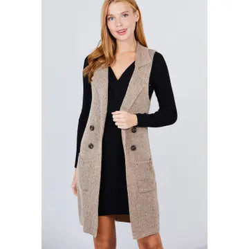 Sleeveless Notched Collar Long Sweater Vest
