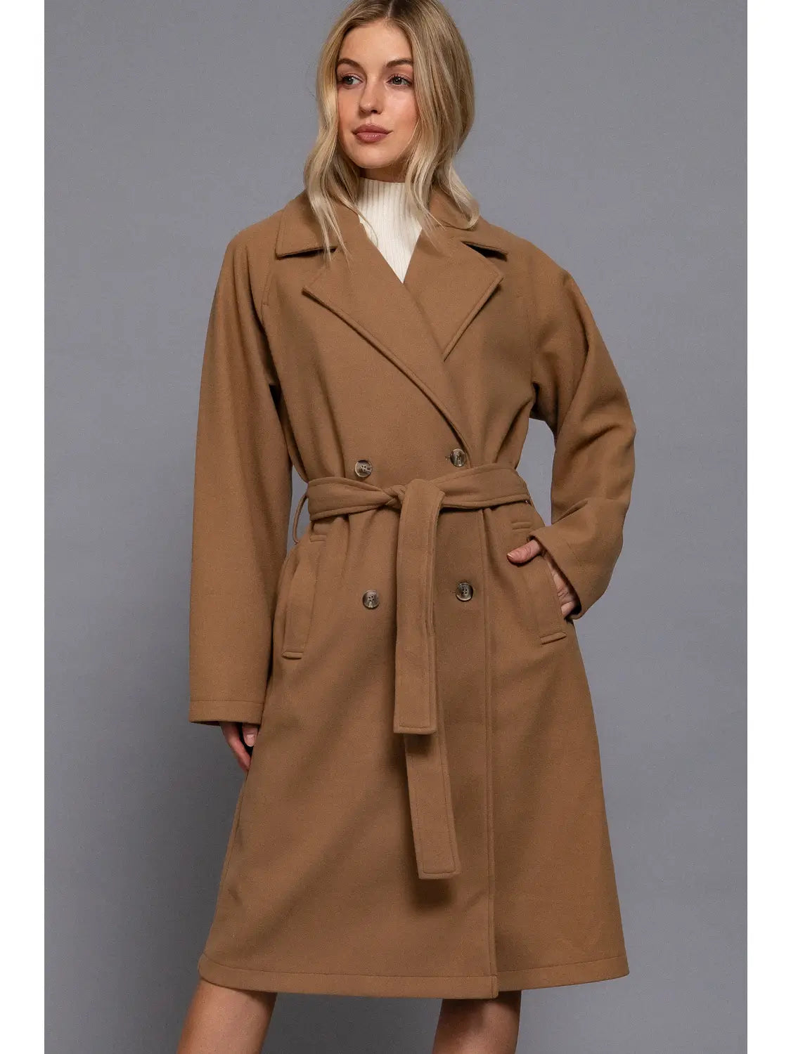 Long Sleeve Double Breasted Button Soft Felt Trench Coat