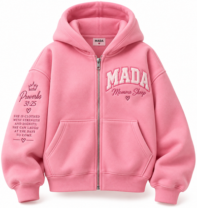 MADA Momma Sheep Proverbs 31:25 Heavy-Duty Embroidered Fleece Zip Hoodie – Pink