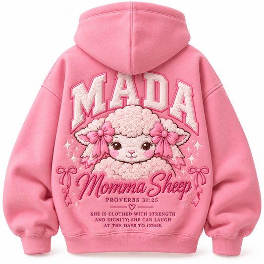 MADA Momma Sheep Proverbs 31:25 Heavy-Duty Embroidered Fleece Zip Hoodie – Pink