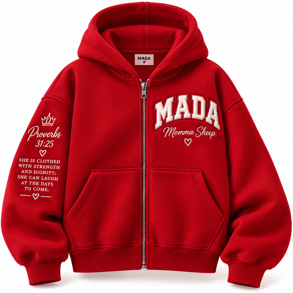 MADA Momma Sheep Proverbs 31:25 Heavy-Duty Embroidered Fleece Zip Hoodie – RED