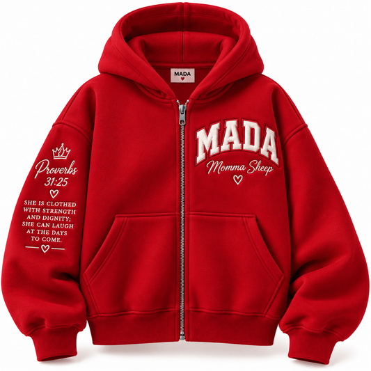 MADA Momma Sheep Proverbs 31:25 Heavy-Duty Embroidered Fleece Zip Hoodie – RED