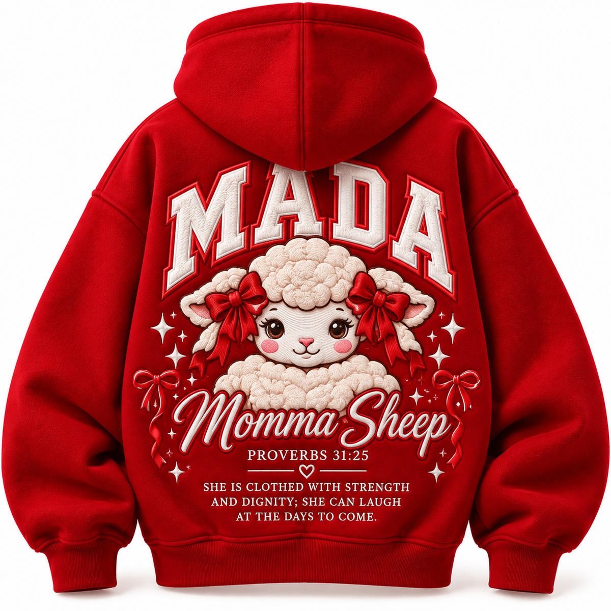 MADA Momma Sheep Proverbs 31:25 Heavy-Duty Embroidered Fleece Zip Hoodie – RED