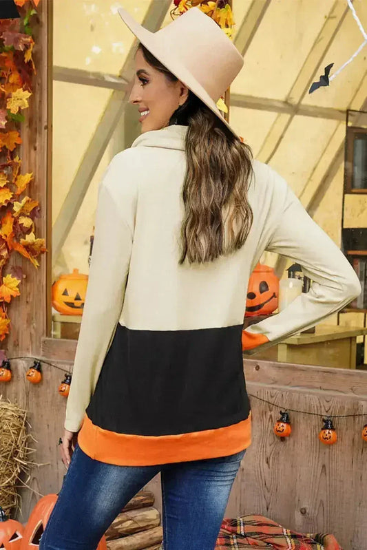 Cowl Neck Pumpkin Print Color Block Halloween Sweatshirt