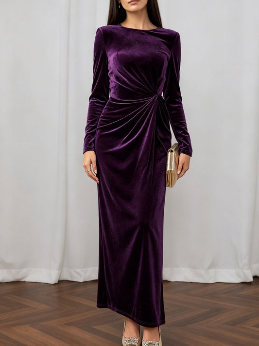 Light Luxury Matte Velvet Maxi Dress Long Sleeve round Neck Twisted Waist Flab Hiding Cocktail Dress