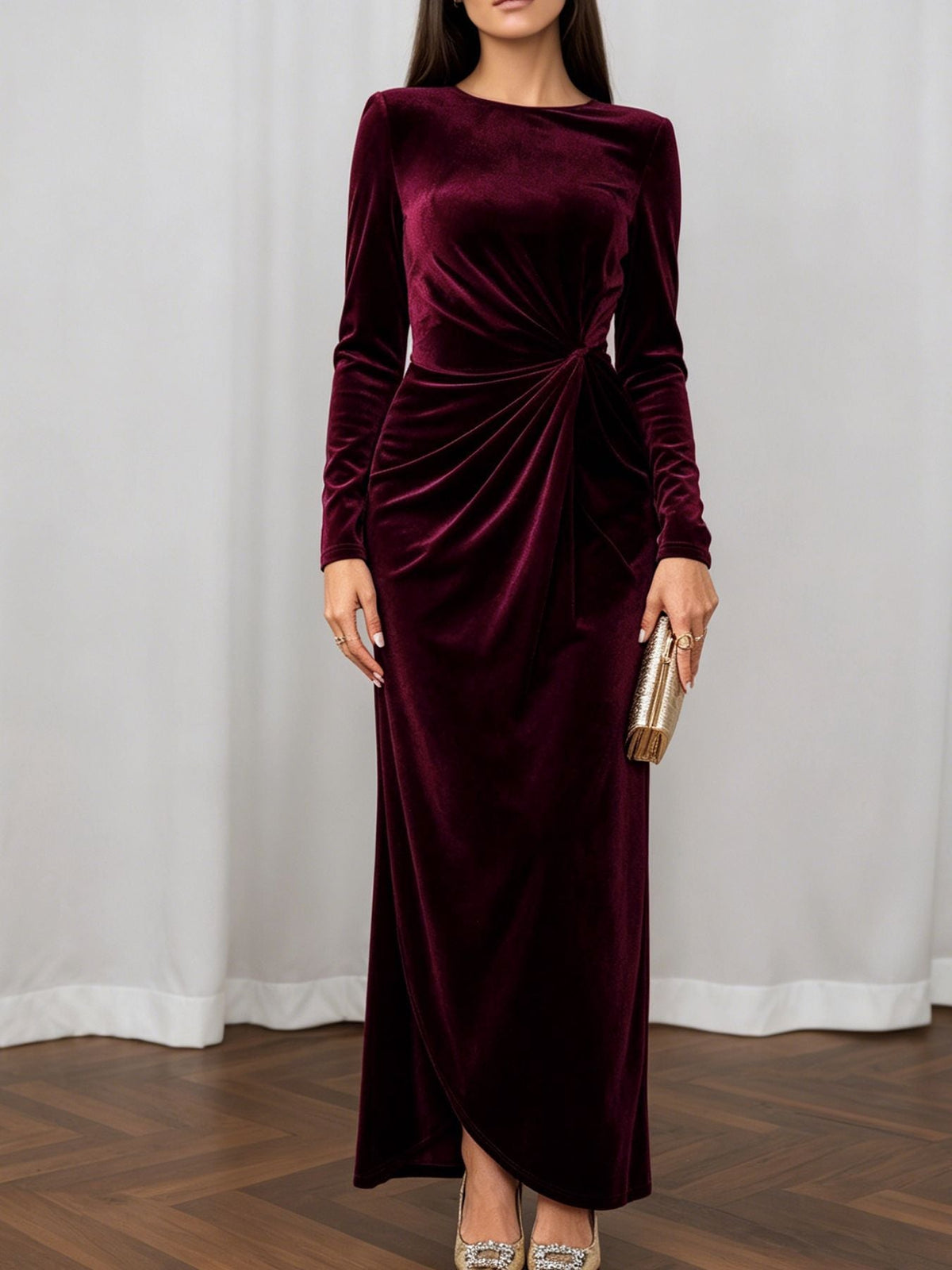 Light Luxury Matte Velvet Maxi Dress Long Sleeve round Neck Twisted Waist Flab Hiding Cocktail Dress