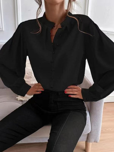 Women Shirt Autumn Elegant Solid Color Collared Long Sleeve Single Row Button Loose Women Top