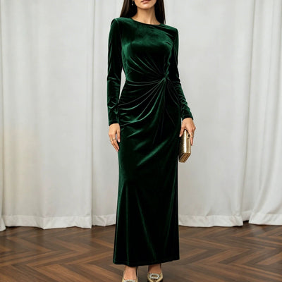 Light Luxury Matte Velvet Maxi Dress Long Sleeve round Neck Twisted Waist Flab Hiding Cocktail Dress