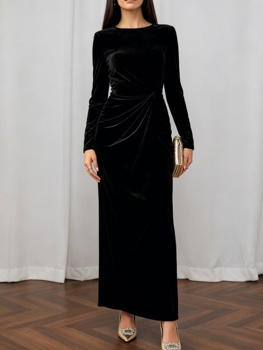 Light Luxury Matte Velvet Maxi Dress Long Sleeve round Neck Twisted Waist Flab Hiding Cocktail Dress