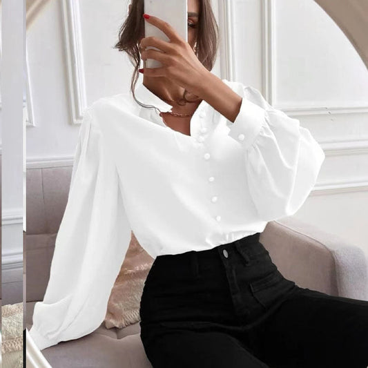 Women Shirt Autumn Elegant Solid Color Collared Long Sleeve Single Row Button Loose Women Top