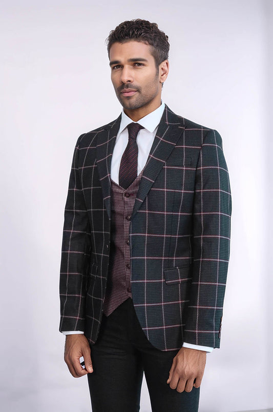 Checked Patterned Slim Fit Black Men Suit - Wessi