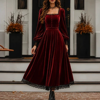 Square-neck Lace-panel Velvet Dress