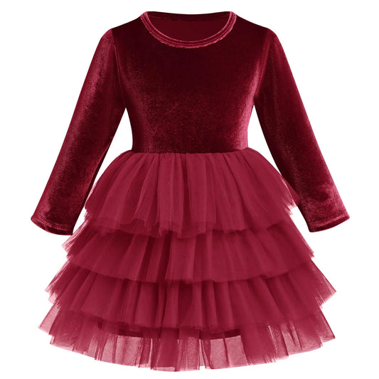 Toddler Girls Velvet Dress-Long Sleeve Christmas Dresses for Baby Girls-Burgundy Flower-Girl Tutu Tulle Dress Fall/Winter/Fancy Party Twirl Dress-Vestidos Elegantes para Ninas-Wine Red - 5-6 Years - # GIAA211710020